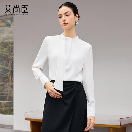 艾尚臣优雅风飘带领长袖衬衫女职业通勤白衬衣气质设计感女装上衣 商品图0