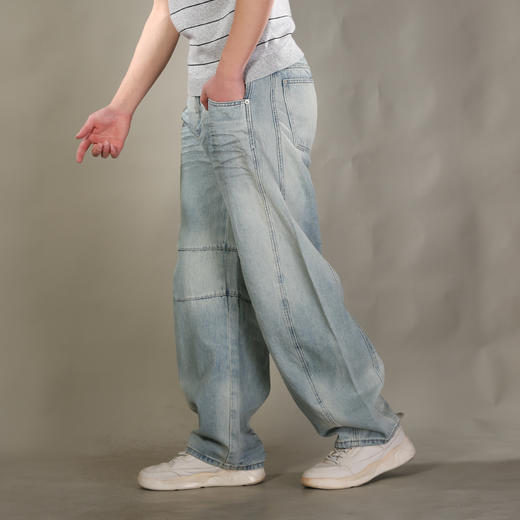 DRONKOO 2026 半松紧腰前斜破骨膝盖破缝压皱喷色中厚牛仔长裤 商品图2