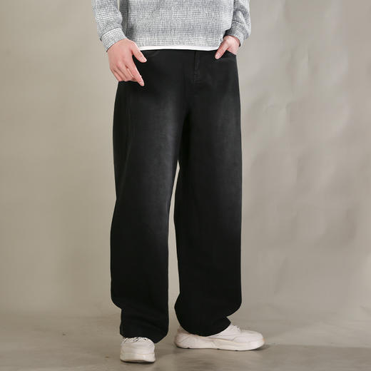 DRONKOO 2026 抽绳半松紧口袋脚口斜破缝喷色做旧中厚牛仔长裤 商品图1