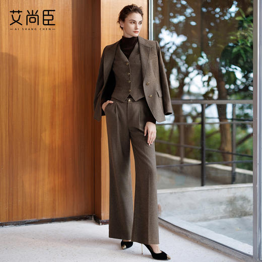 艾尚臣复古老钱西装套装女秋冬高端职业装棕色羊毛西服马甲三件套 商品图3