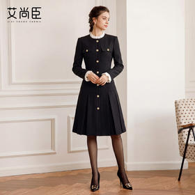 艾尚臣黑色小香风连衣裙女法式复古千金风收腰百褶裙小个子中长裙