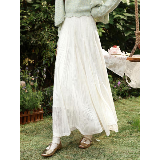 鹿向南「云纱流纹」米白色轻薄a字半身裙女春宽松显瘦高腰长裙子 商品图0