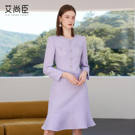 艾尚臣星河紫小香风连衣裙女高级感气质主持人修身显瘦通勤A字裙 商品图0