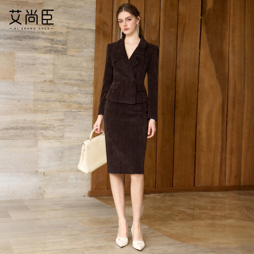 艾尚臣优雅风职业西装套装女冬季通勤西服两件套焦糖棕色雪尼尔厚 商品图0