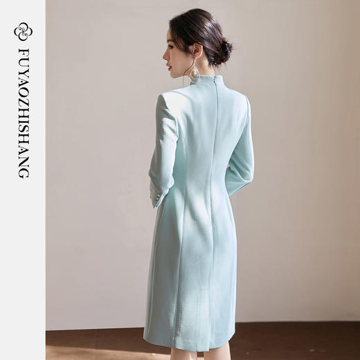 FUYAO扶摇直上 中式风立领连衣裙女修身水绿色醋酸旗袍裙优雅裙子 商品图4
