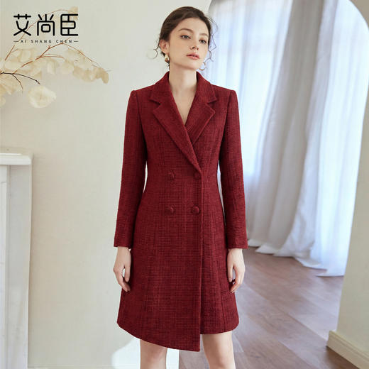 艾尚臣妈妈婚宴装毛呢西装领连衣裙女双排扣收腰显瘦喜婆婆礼服厚 商品图0
