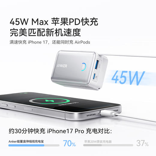 Anker安克 45W自带伸缩线能量盒充电宝 10000mAh 适配苹果手机飞机可携带 A1638 商品图3