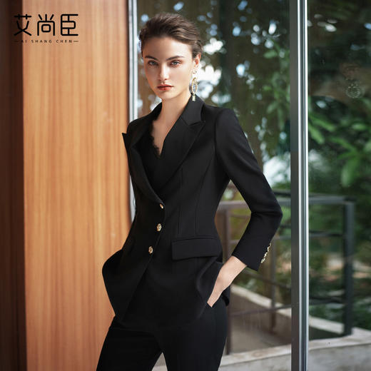 艾尚臣优雅风黑色西装套装女职业装商务套装轻熟时尚微喇裤两件套 商品图1