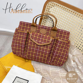 Gucci 帆布拼皮 砖红色 格纹 tote 儿童包 手提包