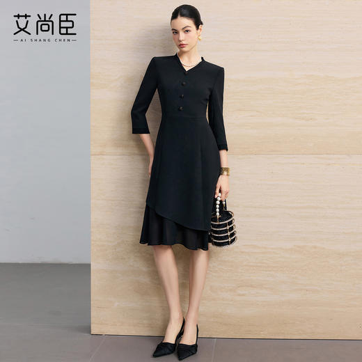 艾尚臣聚会小黑裙V领连衣裙女七分袖收腰显瘦通勤职业裙装鱼尾裙 商品图4