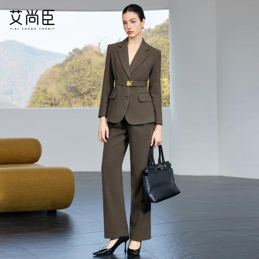 老钱风卡其绿复古羊毛人字纹西装套装女收腰通勤职业装西裤厚 商品图2