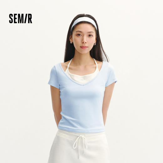 森马短袖T恤女夏季短款挂脖V领假两件蝴蝶结紧身烫钻2026新款上衣 商品图1