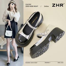 ZHR则则高跟玛丽珍鞋女2026新款春黑白银色法式乐福鞋厚底小皮鞋