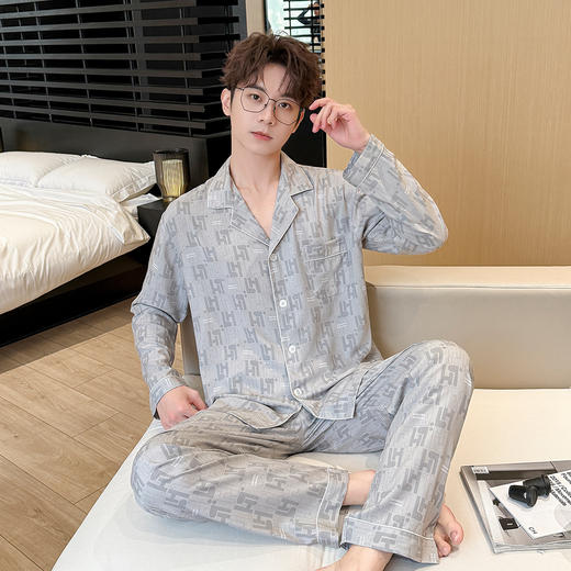【舒适男士长袖套装】春夏季绵绸睡衣男士韩版青中年长袖长裤休闲家居服棉质薄款套装。rg 商品图3