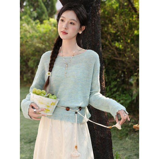 鹿向南「青柠气泡」蓝绿色针织衫女春季宽松慵懒感长袖罩衫上衣 商品图0