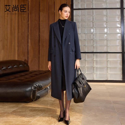艾尚臣羊毛大衣女冬藏青色毛呢外套中长款通勤职场西装双排扣长款 商品图3