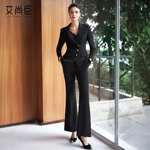 艾尚臣优雅风黑色西装套装女职业装商务套装轻熟时尚微喇裤两件套 商品图2