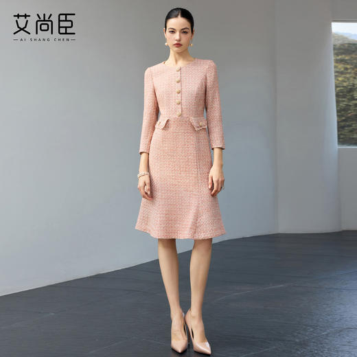 艾尚臣柔焦滤镜小香风粗花呢连衣裙女收腰鱼尾裙摆中长裙气质裙 商品图0