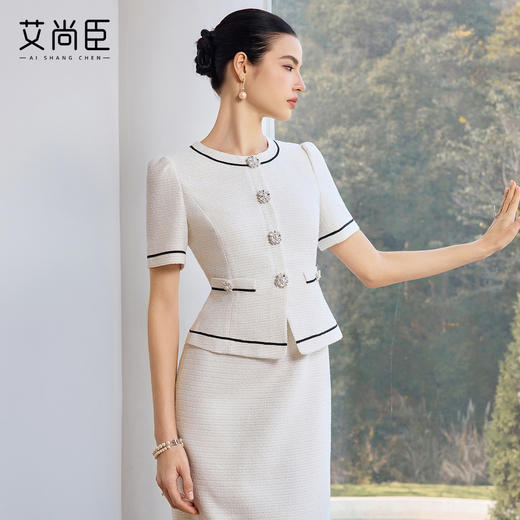 艾尚臣白色千金小香风连衣裙女短袖收腰假两件轻奢通勤职业装显瘦 商品图3