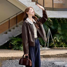 法式复古花边翻领皮衣外套，小个子夹克上衣潮HR-2673