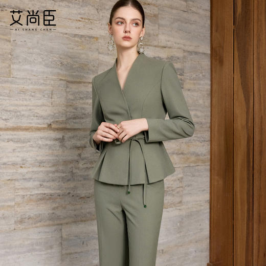 艾尚臣通勤风收腰西装套装女复古松绿色职业装气质正装束腰西服 商品图1