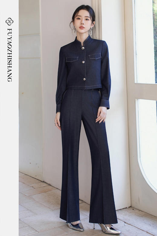 FUYAO扶摇直上春新款极简风牛仔西服套装女气质休闲阔腿裤两件套 商品图5