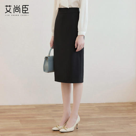 艾尚臣简约黑色半身裙女高腰包臀中长裙通勤职业一步裙面试直筒裙 商品图4