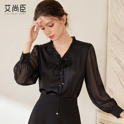 艾尚臣设计师款法式立体玫瑰黑色衬衫女长袖透视袖衬衣上衣木耳边 商品图2