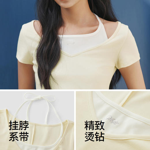 森马短袖T恤女夏季短款挂脖V领假两件蝴蝶结紧身烫钻2026新款上衣 商品图3