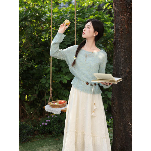 鹿向南「青柠气泡」蓝绿色针织衫女春季宽松慵懒感长袖罩衫上衣 商品图3