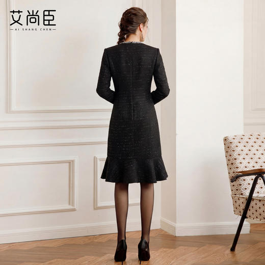 艾尚臣小香风黑色粗花呢连衣裙女收腰鱼尾裙银丝细闪千金风优雅 商品图3