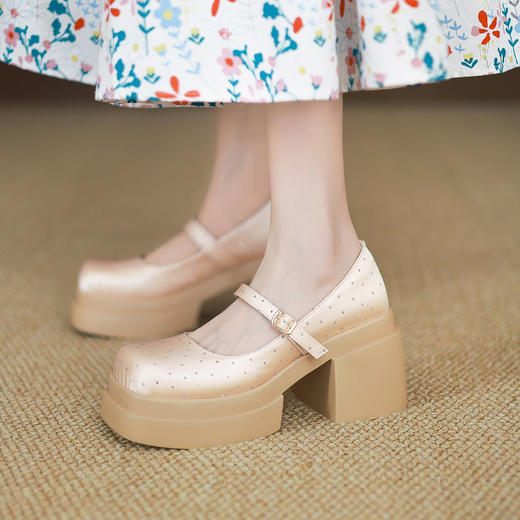 【预售7天】9cm超高跟粗跟防水台单鞋，春秋新水钻沙丁布玛丽珍鞋浅口小皮鞋9303 商品图3