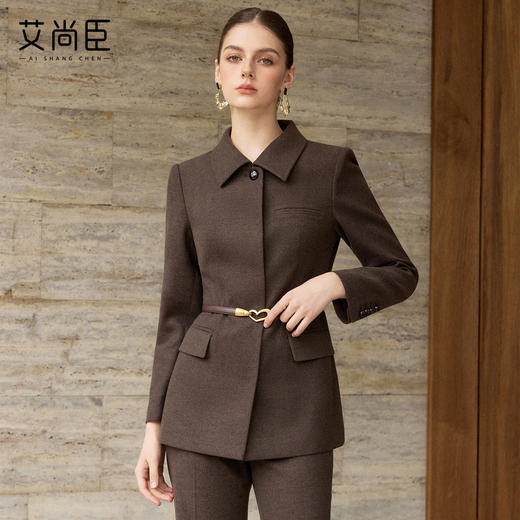 艾尚臣高级感咖啡色时尚套装女气质立领西装通勤知性极简风两件套 商品图2