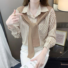 【韩版假两件披肩衬衫】春季 气质宽松显瘦衬衣 设计感条纹长袖女上衣 