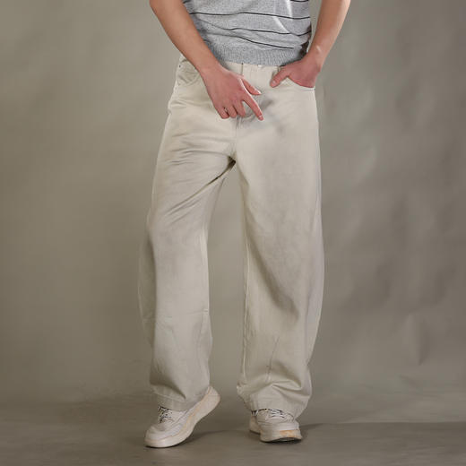 DRONKOO 2026 抽绳半松紧口袋脚口斜破缝喷色做旧中厚牛仔长裤 商品图1