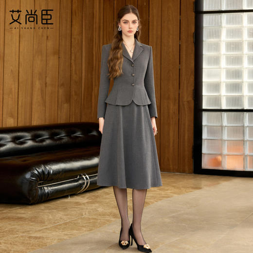 艾尚臣格雷系洋气时尚套装裙老钱风翻领毛呢职业套装女修身短款冬 商品图4