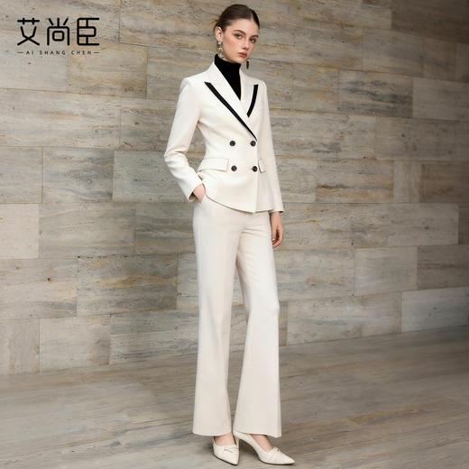 艾尚臣雪尼尔老钱风双排扣西装套装女职场通勤气质正装杏冬秋加厚 商品图3