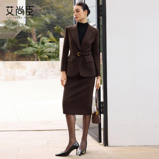 艾尚臣毛呢厚时尚西装套装女冬季深棕色气质通勤职业装西服两件套 商品图3