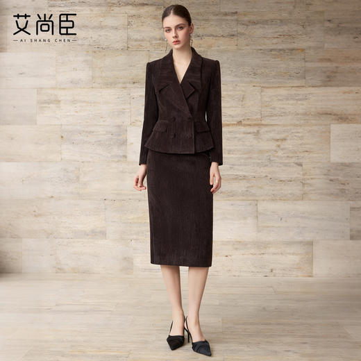 艾尚臣优雅风职业西装套装女冬季通勤西服两件套焦糖棕色雪尼尔厚 商品图1