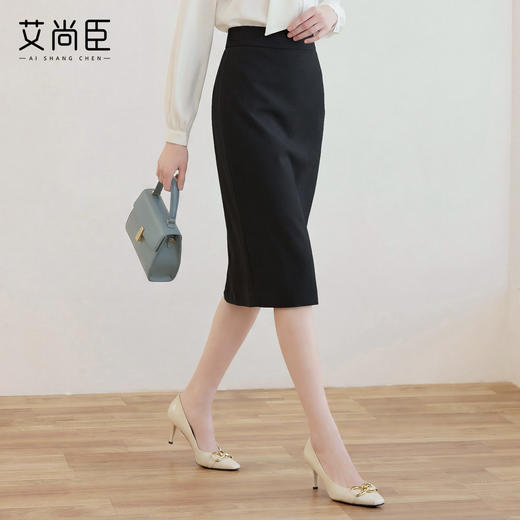 艾尚臣简约黑色半身裙女高腰包臀中长裙通勤职业一步裙面试直筒裙 商品图0