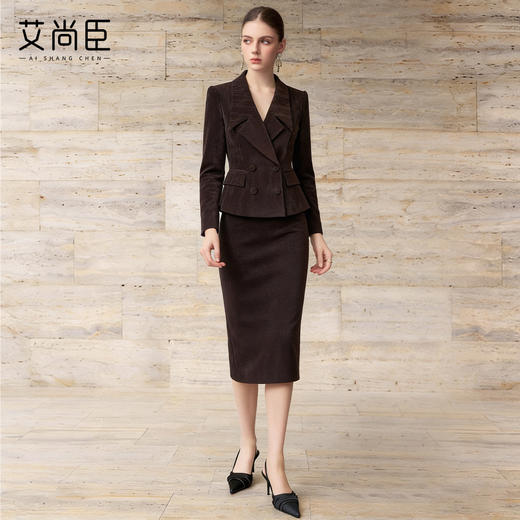 艾尚臣优雅风职业西装套装女冬季通勤西服两件套焦糖棕色雪尼尔厚 商品图3