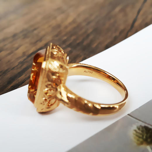 【天然正品】AU750黄金镶天然镂空设计师款近全净体8.79克拉黄水晶戒指 18.5号（戒圈可改）231225TJ36 商品图6