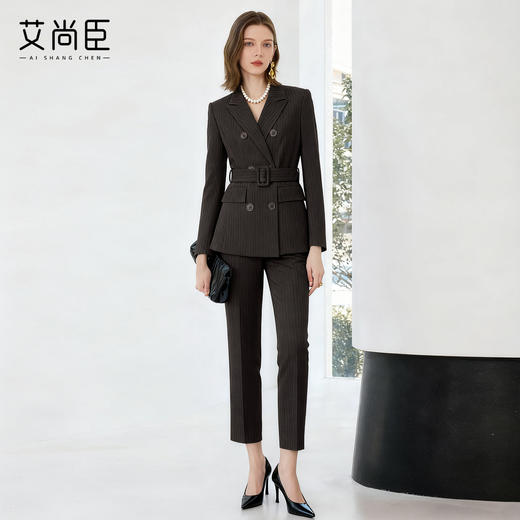 艾尚臣复古棕色西装套装女秋冬高级感通勤条纹职业装管理层工作服 商品图2