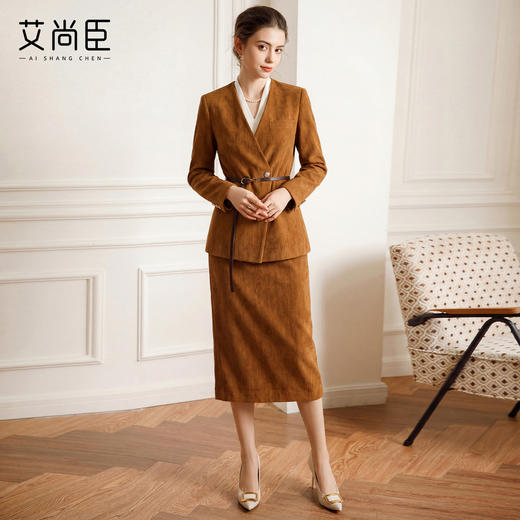 艾尚臣长袖西装套装女春季通勤职业装V领褐色西服收腰显瘦两件套 商品图3