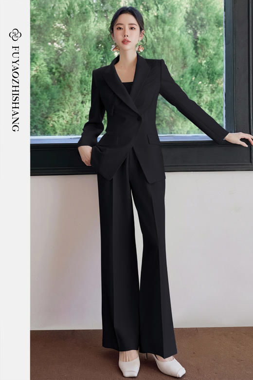 FUYAO扶摇直上 职场极简风黑色西装套装女直筒裤两件套通勤穿搭春 商品图5