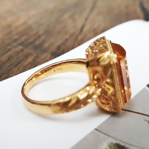 【天然正品】AU750黄金镶天然镂空设计师款近全净体8.79克拉黄水晶戒指 18.5号（戒圈可改）231225TJ36 商品图5