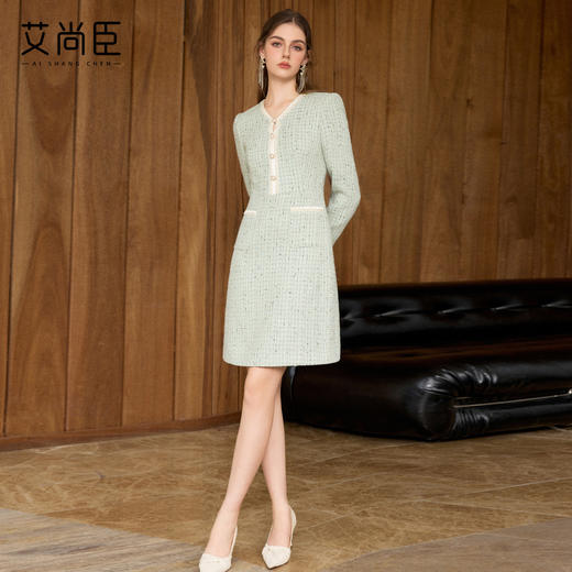 艾尚臣经典小香风粗花呢连衣裙女秋V领收腰显瘦气质裙千金风 商品图2