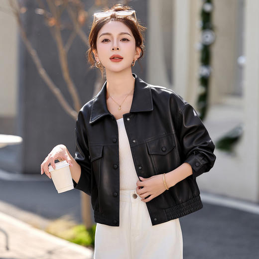 紫色皮衣外套气质翻领，小个子皮夹克短款减龄上衣HR-2622 商品图2