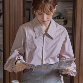 【法式通勤玫瑰刺绣薄外套】中古感灯笼袖长袖衬衫 早春季 上衣复古紫色衬衣 