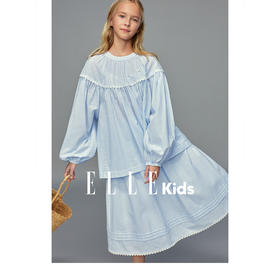 💕春3童装法式度假长袖上衣/木耳边全腰松紧法式条纹伞裙